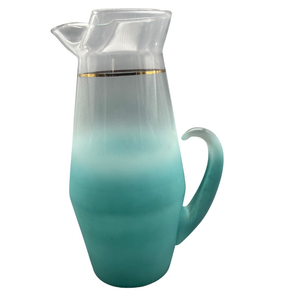 Vtg Blendo Glass Pitcher Frosted Turquoise MCM Vintage 1950 Gold Trim‎ W.V.